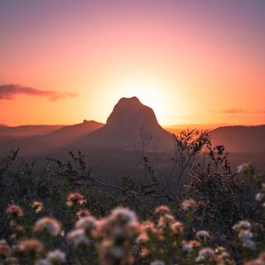 Preview wallpaper mountains, rocks, flowers, sunset, peak