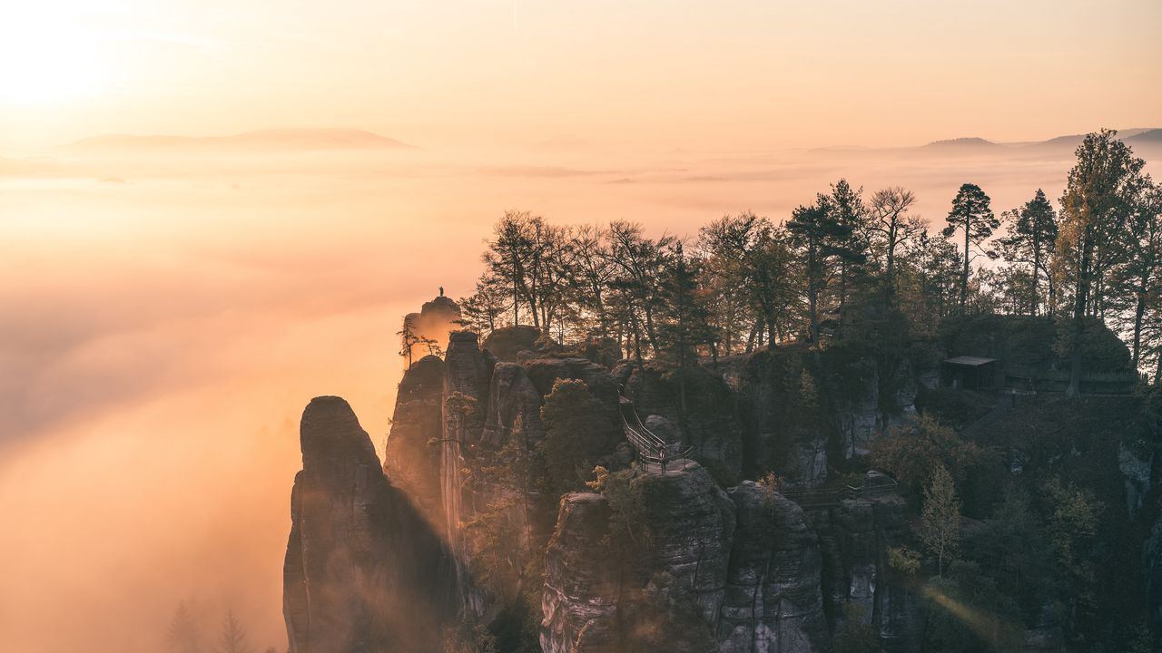 Wallpaper mountains, rocks, fog, trees, nature