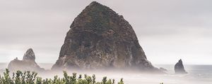 Preview wallpaper mountains, rocks, fog, bushes, cloudy