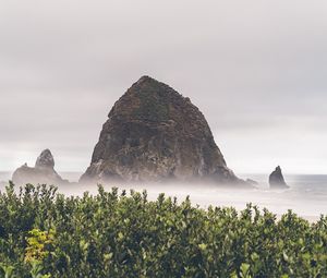 Preview wallpaper mountains, rocks, fog, bushes, cloudy