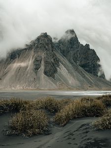 Preview wallpaper mountains, rocks, fog, cloud, grass