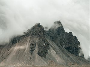 Preview wallpaper mountains, rocks, fog, cloud, grass