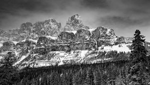 Preview wallpaper mountains, rocks, forest, trees, snow, nature, black and white