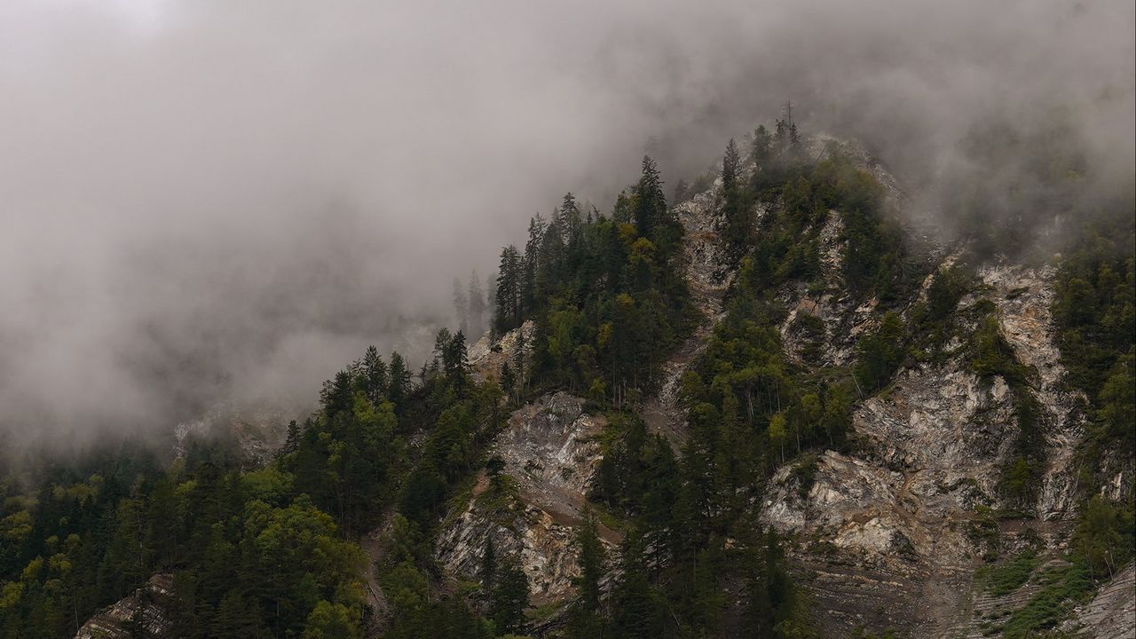 Wallpaper mountains, rocks, forest, trees, fog, clouds