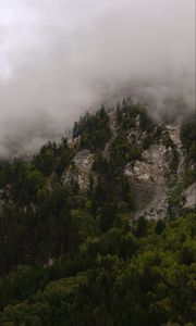 Preview wallpaper mountains, rocks, forest, trees, fog, clouds