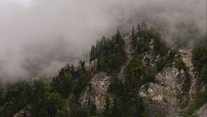 Preview wallpaper mountains, rocks, forest, trees, fog, clouds