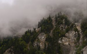 Preview wallpaper mountains, rocks, forest, trees, fog, clouds