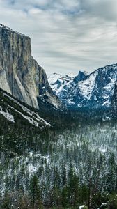 Preview wallpaper mountains, rocks, forest, trees, snow, nature