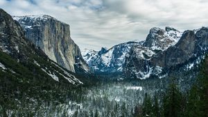 Preview wallpaper mountains, rocks, forest, trees, snow, nature