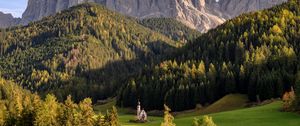 Preview wallpaper mountains, rocks, forest, trees, valley, chapel