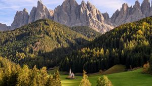 Preview wallpaper mountains, rocks, forest, trees, valley, chapel