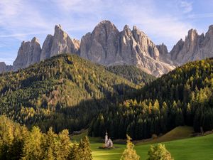 Preview wallpaper mountains, rocks, forest, trees, valley, chapel