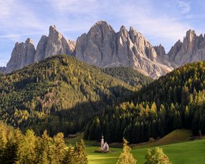 Preview wallpaper mountains, rocks, forest, trees, valley, chapel