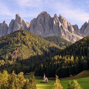 Preview wallpaper mountains, rocks, forest, trees, valley, chapel