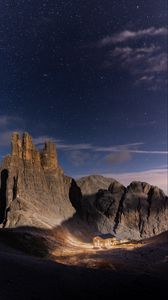 Preview wallpaper mountains, rocks, house, valley, night