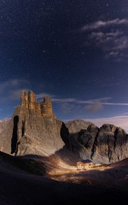 Preview wallpaper mountains, rocks, house, valley, night