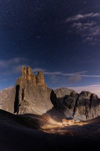 Preview wallpaper mountains, rocks, house, valley, night