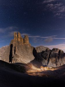 Preview wallpaper mountains, rocks, house, valley, night