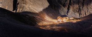 Preview wallpaper mountains, rocks, house, valley, night