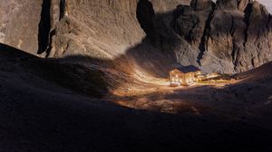 Preview wallpaper mountains, rocks, house, valley, night