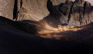 Preview wallpaper mountains, rocks, house, valley, night