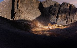 Preview wallpaper mountains, rocks, house, valley, night