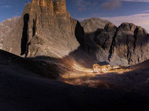 Preview wallpaper mountains, rocks, house, valley, night