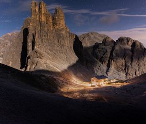 Preview wallpaper mountains, rocks, house, valley, night