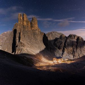 Preview wallpaper mountains, rocks, house, valley, night