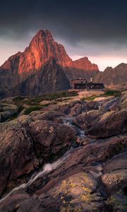 Preview wallpaper mountains, rocks, house, stones, stream