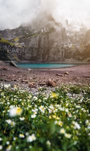 Preview wallpaper mountains, rocks, lake, fog, flowers