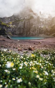 Preview wallpaper mountains, rocks, lake, fog, flowers