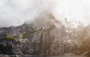 Preview wallpaper mountains, rocks, lake, fog, flowers