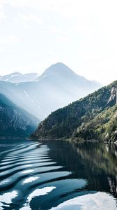 Preview wallpaper mountains, rocks, lake, fog, forest