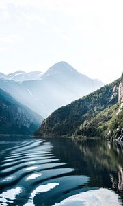 Preview wallpaper mountains, rocks, lake, fog, forest