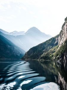 Preview wallpaper mountains, rocks, lake, fog, forest