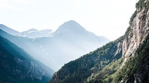 Preview wallpaper mountains, rocks, lake, fog, forest