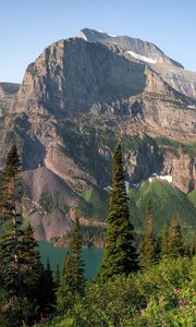 Preview wallpaper mountains, rocks, lake, spruce, sky