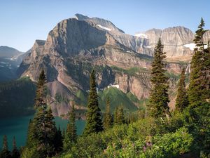 Preview wallpaper mountains, rocks, lake, spruce, sky