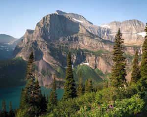 Preview wallpaper mountains, rocks, lake, spruce, sky