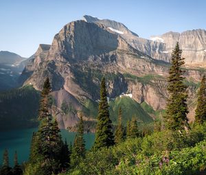 Preview wallpaper mountains, rocks, lake, spruce, sky