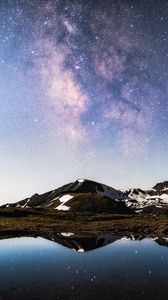 Preview wallpaper mountains, rocks, lake, reflection, night, snowy