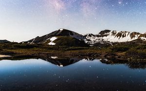 Preview wallpaper mountains, rocks, lake, reflection, night, snowy