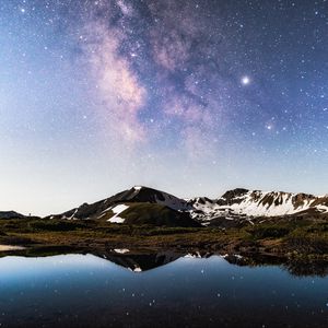 Preview wallpaper mountains, rocks, lake, reflection, night, snowy