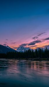 Preview wallpaper mountains, rocks, lake, forest, trees, sunset