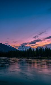 Preview wallpaper mountains, rocks, lake, forest, trees, sunset