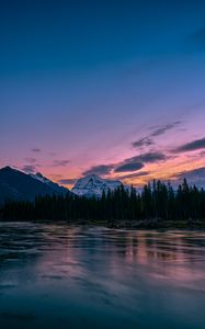 Preview wallpaper mountains, rocks, lake, forest, trees, sunset