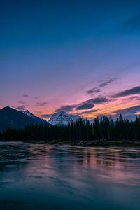 Preview wallpaper mountains, rocks, lake, forest, trees, sunset