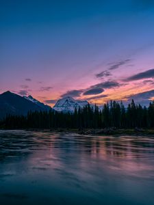 Preview wallpaper mountains, rocks, lake, forest, trees, sunset