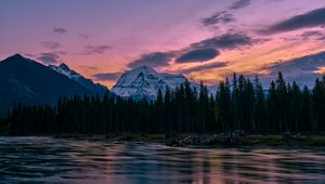 Preview wallpaper mountains, rocks, lake, forest, trees, sunset